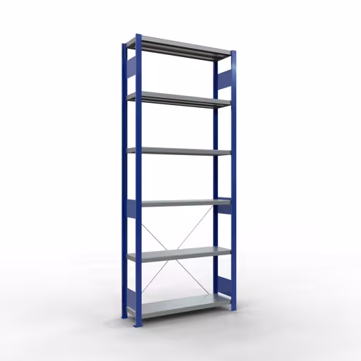 Grundregal, Fachbodenregal Stecksystem MULTIplus250, 2500 x 1000 x 300 mm (HxBxT), 6 Fachböden, Kreuzstrebe, RAL 5010 enzianblau/verzinkt aus der Kategorie Grundregal mit der Artikelnummer 12931-B