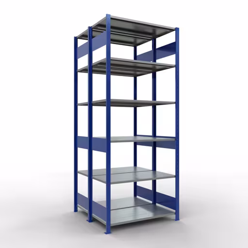 Zusatzbild des Artikels Grundregal, Doppelregal, Fachbodenregal Stecksystem MULTIplus150, 2500 x 1000 x (2x500) mm (HxBxT), 2x6 Fachböden, Längenriegel, RAL 5010 enzianblau aus Doppelregale