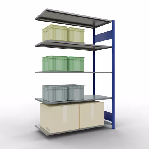 Anbauregal, Fachbodenregal Stecksystem MULTIplus150, 2000 x 1300 x 600 mm (HxBxT), 5 Fachböden, Längenriegel, RAL 5010 enzianblau/verzinkt mit der GTIN 4004514281043 Anbauregal, Fachbodenregal Stecksystem MULTIplus150, 2000 x 1300 x 600 mm (HxBxT), 5 Fachböden, Längenriegel, RAL 5010 enzianblau/verzinkt von Schulte Lagertechnik mit der Artikelnr. 12765-130-LR-B