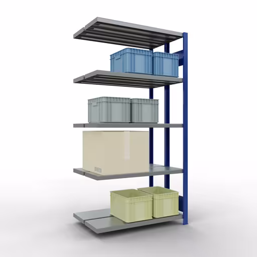 Zusatzbild des Artikels Anbauregal, Doppelregal, Fachbodenregal Stecksystem MULTIplus250, 2000 x 1000 x (2x300) mm (HxBxT), 2x5 Fachböden, Längenriegel, RAL 5010 enzianblau aus Doppelregale