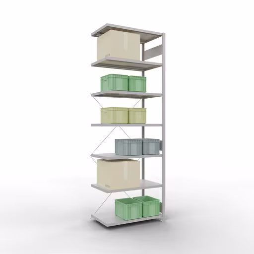 Anbauregal, Fachbodenregal Stecksystem MULTIplus250, 3000 x 1000 x 600 mm (HxBxT), 7 Fachböden, Kreuzstrebe, RAL 7035 lichtgrau von Schulte Lagertechnik mit der Artikelnr. 32867