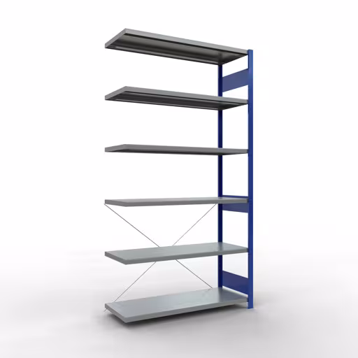 Anbauregal, Fachbodenregal Stecksystem MULTIplus250, 2500 x 1300 x 500 mm (HxBxT), 6 Fachböden, Kreuzstrebe, RAL 5010 enzianblau/verzinkt aus der Kategorie Anbauregal mit der Artikelnummer 12956-130-B