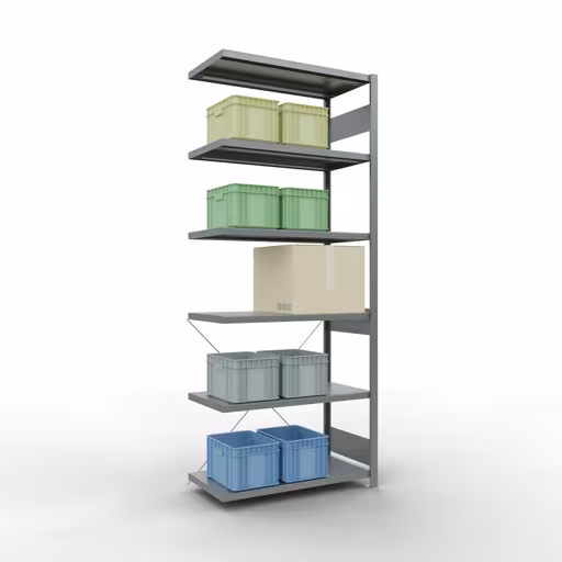 Produktbild Nr.13 des Artikels Anbauregal, Fachbodenregal Stecksystem MULTIplus250, 2500 x 1000 x 500 mm (HxBxT), 6 Fachböden, Kreuzstrebe, verzinkt aus der Produktreihe Stecksystem von der Marke Schulte Lagertechnik
