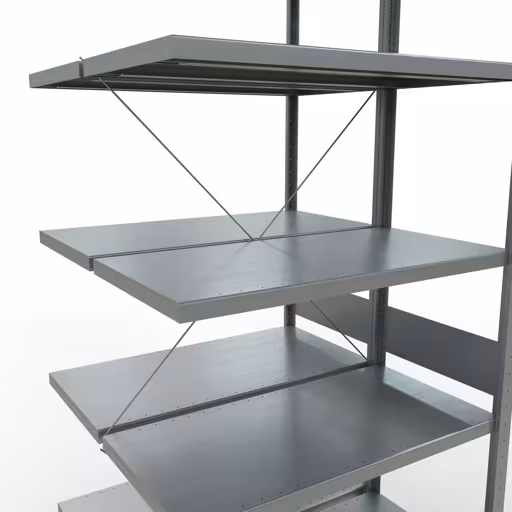 Produktbild Nr.6 des Artikels Anbauregal, Doppelregal, Fachbodenregal Stecksystem MULTIplus250, 3000 x 1000 x (2x500) mm (HxBxT), 2x7 Fachböden, Kreuzstrebe, verzinkt aus der Produktreihe Fachbodenregale von der Marke Schulte Lagertechnik