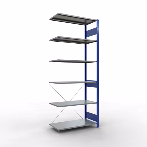 Anbauregal, Fachbodenregal Stecksystem MULTIplus150, 2500 x 1000 x 500 mm (HxBxT), 6 Fachböden, Kreuzstrebe, RAL 5010/verzinkt aus der Kategorie Anbauregal mit der Artikelnummer 12656-B