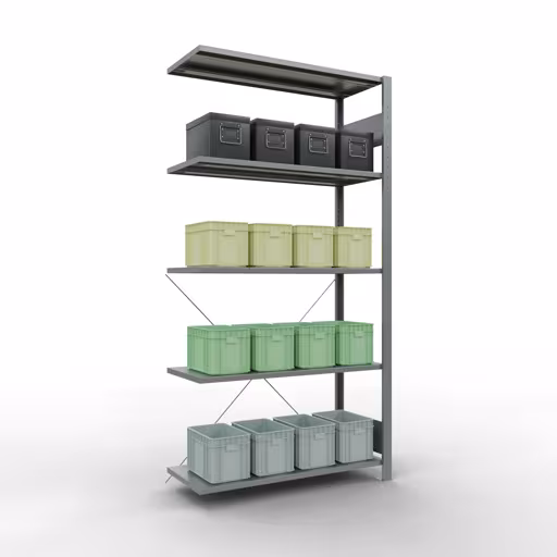 Anbauregal, Fachbodenregal Stecksystem MULTIplus85, 2000 x 1000 x 400 mm (HxBxT), 5 Fachböden, Kreuzstrebe, verzinkt von Schulte Lagertechnik mit der Artikelnr. 13145