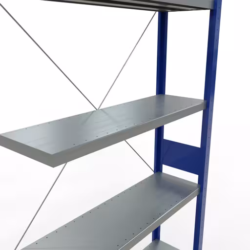 Anbauregal, Fachbodenregal Stecksystem MULTIplus250, 3000 x 1000 x 300 mm (HxBxT), 7 Fachböden, Kreuzstrebe, RAL 5010 enzianblau/verzinkt von der Marke Schulte Lagertechnik aus der Produktreihe Stecksystem