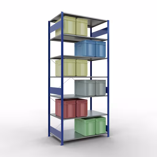 Andere Ansicht des Artikels Grundregal, Fachbodenregal Stecksystem MULTIplus150, 3000 x 1300 x 800 mm (HxBxT), 7 Fachböden, Kreuzstrebe, RAL 5010 enzianblau/verzinkt aus der Kategorie Stecksystem