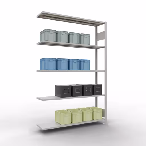 Anbauregal, Fachbodenregal Stecksystem MULTIplus150, 2000 x 1300 x 300 mm (HxBxT), 5 Fachböden, Längenriegel, RAL 7035 lichtgrau von der Marke Schulte Lagertechnik aus der Produktreihe Stecksystem