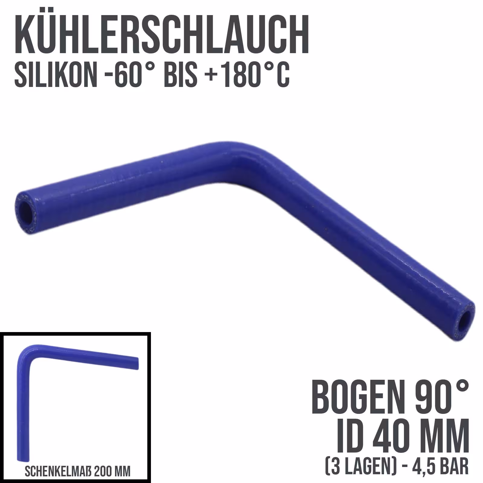 40 x 48 mm Kühlerschlauch Silikon Bogen 90° LLK Ladeluft Kühlmittel Schlauch blau (4,5 bar) - 200mm aus der Kategorie Kühlwasserschläuche mit der Artikelnummer KSB040-090-200GA