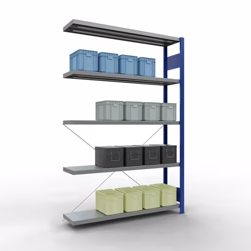 Abbildung Nr 14 des Artikels Anbauregal, Fachbodenregal Stecksystem MULTIplus250, 2000 x 1300 x 300 mm (HxBxT), 5 Fachböden, Kreuzstrebe, RAL 5010 enzianblau/verzinkt aus der Produktgruppe Stecksystem von der Marke Schulte Lagertechnik