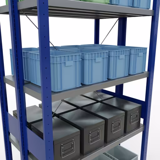 Abbildung Nr 12 des Artikels Grundregal, Doppelregal, Fachbodenregal Stecksystem MULTIplus250, 3000 x 1000 x (2x300) mm (HxBxT), 2x7 Fachböden, Kreuzstrebe, enzianblau aus der Produktgruppe Fachbodenregale von der Marke Schulte Lagertechnik