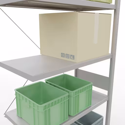 Abbildung Nr 13 des Artikels Anbauregal, Fachbodenregal Stecksystem MULTIplus330, 3000 x 1000 x 500 mm (HxBxT), 7 Fachböden, Kreuzstrebe, RAL 7035 lichtgrau aus der Produktgruppe Stecksystem von der Marke Schulte Lagertechnik