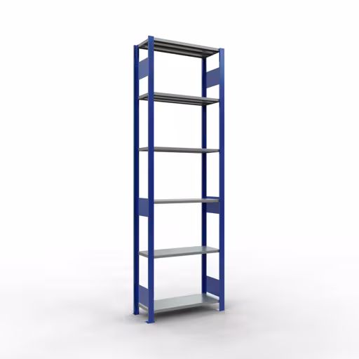 Grundregal, Fachbodenregal Stecksystem MULTIplus150, 2500 x 750 x 300 mm (HxBxT), 6 Fachböden, Längenriegel, RAL 5010 enzianblau/verzinkt/verzinkt aus der Kategorie Grundregal mit der Artikelnummer 12731-75-LR-B