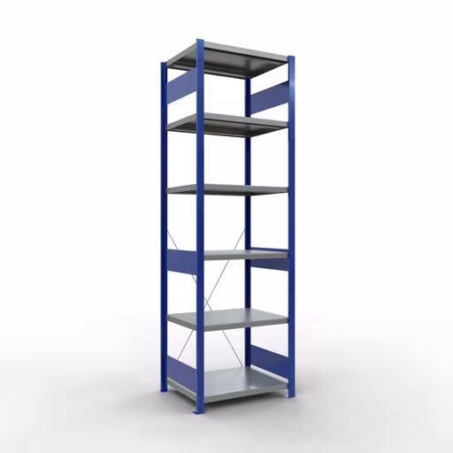Grundregal, Fachbodenregal Stecksystem MULTIplus250, 2500 x 750 x 600 mm (HxBxT), 6 Fachböden, Kreuzstrebe, RAL 5010 enzianblau/verzinkt/verzinkt aus der Kategorie Grundregal mit der Artikelnummer 12961-75-B