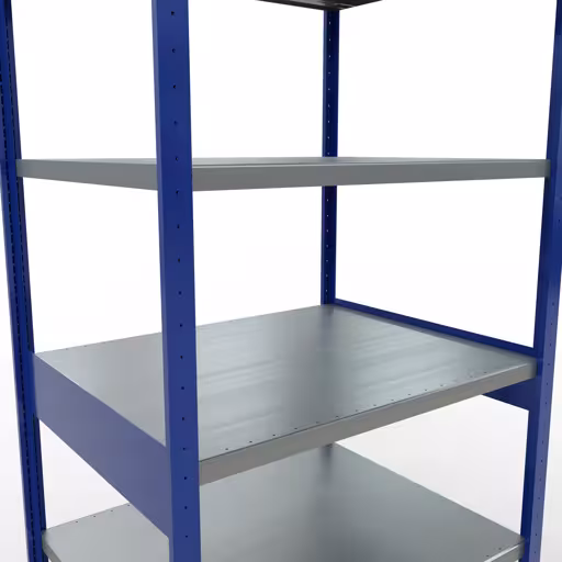 Andere Ansicht des Artikels Grundregal, Fachbodenregal Stecksystem MULTIplus250, 2500 x 1000 x 800 mm (HxBxT), 6 Fachböden, Kreuzstrebe, RAL 5010 enzianblau/verzinkt aus der Kategorie Stecksystem