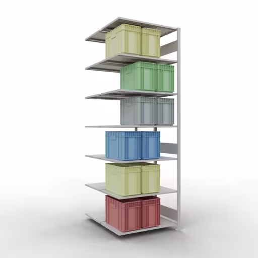 Zusatzbild des Artikels Anbauregal, Doppelregal, Fachbodenregal Stecksystem MULTIplus150, 3000 x 1000 x (2x600) mm (HxBxT), 2x7 Fachböden, Längenriegel, RAL 7035 lichtgrau aus Doppelregale