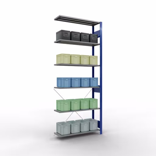 Anbauregal, Fachbodenregal Stecksystem MULTIplus85, 2500 x 1000 x 300 mm (HxBxT), 6 Fachböden, Kreuzstrebe, RAL 5010 enzianblau von Schulte Lagertechnik mit der Artikelnr. 13136-B