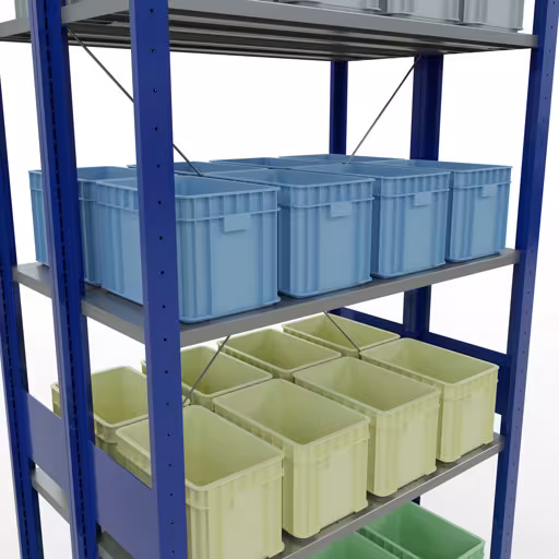 Zusatzbild des Artikels Grundregal, Doppelregal, Fachbodenregal Stecksystem MULTIplus150, 3000 x 1000 x (2x600) mm (HxBxT), 2x7 Fachböden, Kreuzstrebe, RAL 5010 enzianblau Zusatzbild des Artikels Grundregal, Doppelregal, Fachbodenregal Stecksystem MULTIplus150, 3000 x 1000 x (2x600) mm (HxBxT), 2x7 Fachböden, Kreuzstrebe, RAL 5010 enzianblau aus Doppelregale