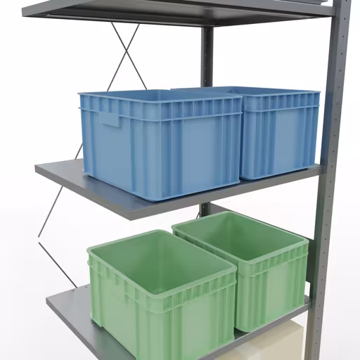 Produktbild Nr.8 des Artikels Anbauregal, Fachbodenregal Stecksystem MULTIplus150, 3000 x 750 x 600 mm (HxBxT), 7 Fachböden, Kreuzstrebe, verzinkt aus der Produktreihe Stecksystem von der Marke Schulte Lagertechnik