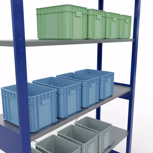 Zusatzbild des Artikels Grundregal, Fachbodenregal Stecksystem MULTIplus150, 2500 x 1300 x 400 mm (HxBxT), 6 Fachböden, Kreuzstrebe, RAL 5010 enzianblau/verzinkt aus Grundregal