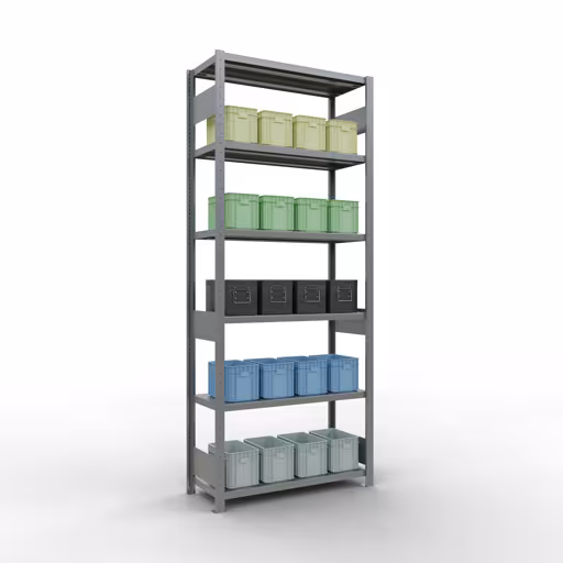 Produktbild Nr 13 des Artikels Grundregal, Fachbodenregal Stecksystem MULTIplus330, 2500 x 1000 x 400 mm (HxBxT), 6 Fachböden, Längenriegel, verzinkt Abbildung Nr 13 des Artikels Grundregal, Fachbodenregal Stecksystem MULTIplus330, 2500 x 1000 x 400 mm (HxBxT), 6 Fachböden, Längenriegel, verzinkt aus der Produktgruppe Stecksystem von der Marke Schulte Lagertechnik