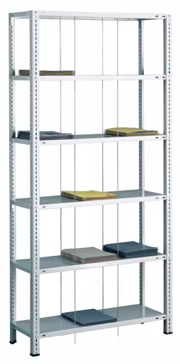 Grundregal, Schraub-Fädelstäberegal BASIC70, 2000 x 900 x 350 mm (HxBxT), 6 Fachböden, RAL 7035 lichtgrau aus der Kategorie Fädelstäberegale mit der Artikelnummer 30691