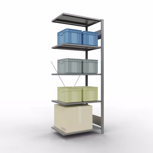 Anbauregal, Fachbodenregal Stecksystem MULTIplus150, 2000 x 750 x 500 mm (HxBxT), 5 Fachböden, Kreuzstrebe, verzinkt von Schulte Lagertechnik mit der Artikelnr. 12755-75