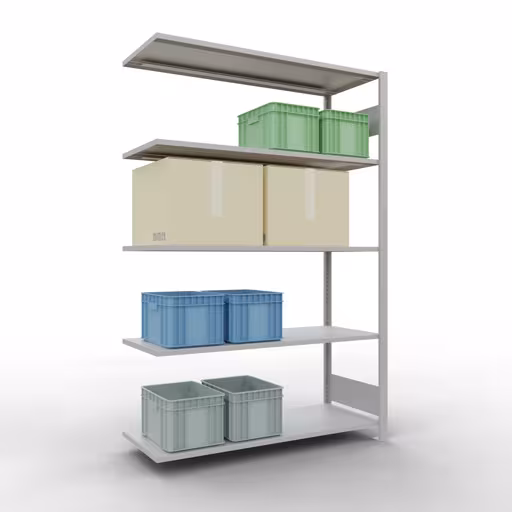 Andere Ansicht des Artikels Anbauregal, Fachbodenregal Stecksystem MULTIplus150, 2000 x 1300 x 500 mm (HxBxT), 5 Fachböden, Längenriegel, RAL 7035 lichtgrau aus der Kategorie Anbauregal