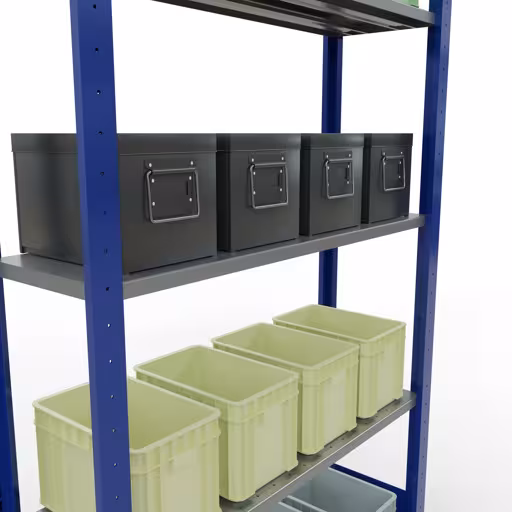 Grundregal, Fachbodenregal Stecksystem MULTIplus150, 2000 x 1000 x 300 mm (HxBxT), 5 Fachböden, Längenriegel, RAL 5010 enzianblau/verzinkt mit der Artikelnr. 12730-LR-B Grundregal, Fachbodenregal Stecksystem MULTIplus150, 2000 x 1000 x 300 mm (HxBxT), 5 Fachböden, Längenriegel, RAL 5010 enzianblau/verzinkt von Schulte Lagertechnik aus der Kategorie Stecksystem