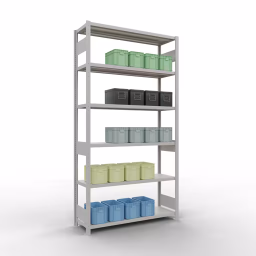 Abbildung Nr 13 des Artikels Grundregal, Fachbodenregal Stecksystem MULTIplus250, 2500 x 1300 x 400 mm (HxBxT), 6 Fachböden, Längenriegel, RAL 7035 lichtgrau aus der Produktgruppe Stecksystem von der Marke Schulte Lagertechnik