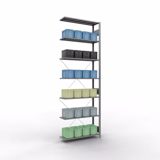 Anbauregal, Fachbodenregal Stecksystem MULTIplus85, 3000 x 1000 x 300 mm (HxBxT), 7 Fachböden, Kreuzstrebe, verzinkt von Schulte Lagertechnik mit der Artikelnr. 13137