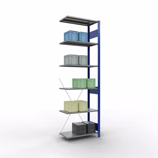 Produktbild Nr.15 des Artikels Anbauregal, Fachbodenregal Stecksystem MULTIplus150, 2500 x 750 x 400 mm (HxBxT), 6 Fachböden, Kreuzstrebe, RAL 5010 enzianblau/verzinkt/verzinkt aus der Produktreihe Stecksystem von der Marke Schulte Lagertechnik