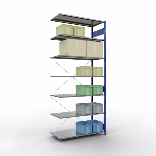 Produktbild Nr.12 des Artikels Anbauregal, Fachbodenregal Stecksystem MULTIplus150, 3000 x 1300 x 600 mm (HxBxT), 7 Fachböden, Kreuzstrebe, RAL 5010 enzianblau/verzinkt aus der Produktreihe Stecksystem von der Marke Schulte Lagertechnik