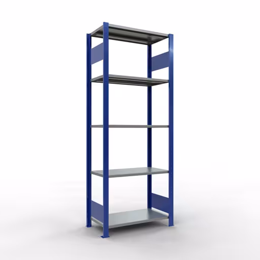 Grundregal, Fachbodenregal Stecksystem MULTIplus150, 2000 x 750 x 400 mm (HxBxT), 5 Fachböden, Längenriegel, RAL 5010 enzianblau/verzinkt/verzinkt aus der Kategorie Grundregal mit der Artikelnummer 12740-75-LR-B