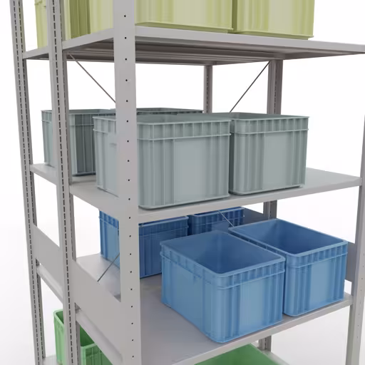 Zusatzbild des Artikels Grundregal, Doppelregal, Fachbodenregal Stecksystem MULTIplus150, 3000 x 1000 x (2x1000) mm (HxBxT), 2x7 Fachböden, Kreuzstrebe, RAL 7035 lichtgrau aus Doppelregale