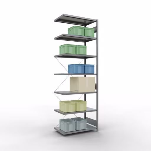 Abbildung Nr 12 des Artikels Anbauregal, Fachbodenregal Stecksystem MULTIplus330, 3000 x 1000 x 600 mm (HxBxT), 7 Fachböden, Kreuzstrebe, verzinkt aus der Produktgruppe Stecksystem von der Marke Schulte Lagertechnik