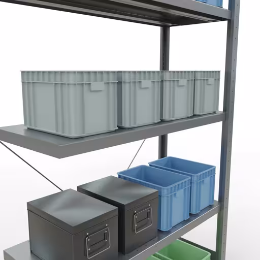 Produktbild Nr 12 des Artikels Anbauregal, Fachbodenregal Stecksystem MULTIplus330, 2000 x 1000 x 400 mm (HxBxT), 5 Fachböden, Kreuzstrebe, verzinkt Abbildung Nr 12 des Artikels Anbauregal, Fachbodenregal Stecksystem MULTIplus330, 2000 x 1000 x 400 mm (HxBxT), 5 Fachböden, Kreuzstrebe, verzinkt aus der Produktgruppe Stecksystem von der Marke Schulte Lagertechnik