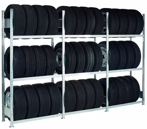 Anbauregal, Räder-/Reifenregal, 2750 x 1500 x 400 mm (HxBxT), verzinkt, 4 Lagerebenen á 150 kg Fachlast pro Ebene von der Marke Schulte Lagertechnik aus der Produktreihe Fachbodenregale