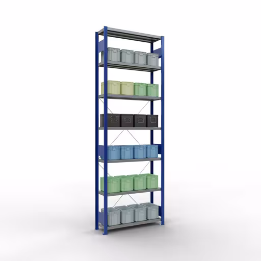 Produktbild Nr 13 des Artikels Grundregal, Fachbodenregal Stecksystem MULTIplus330, 3000 x 1000 x 300 mm (HxBxT), 7 Fachböden, Kreuzstrebe, RAL 5010 enzianblau/verzinkt Abbildung Nr 13 des Artikels Grundregal, Fachbodenregal Stecksystem MULTIplus330, 3000 x 1000 x 300 mm (HxBxT), 7 Fachböden, Kreuzstrebe, RAL 5010 enzianblau/verzinkt aus der Produktgruppe Stecksystem von der Marke Schulte Lagertechnik