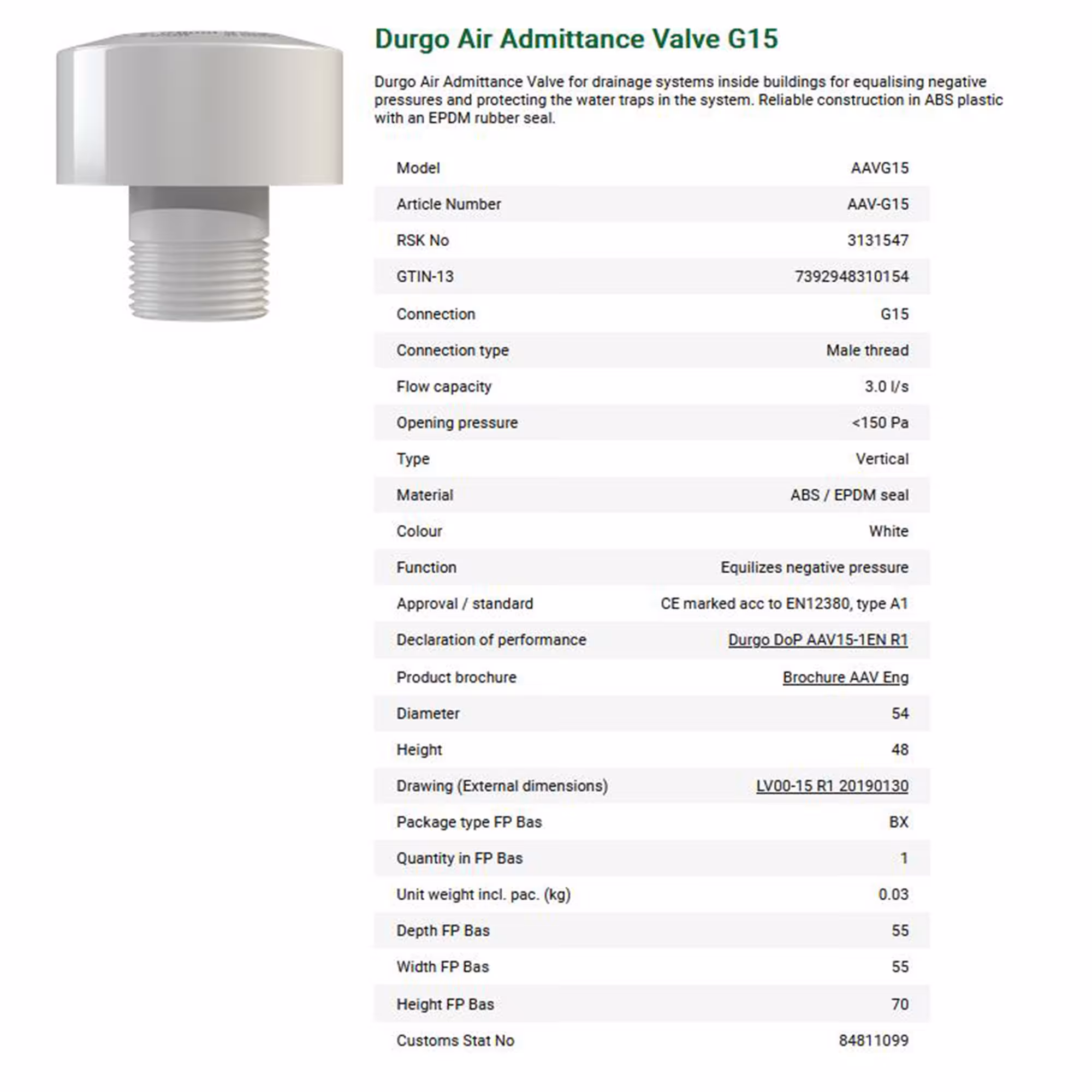 Durgo Belüfter mit Gewindeanschluss Ausführung Größe: DN15 mit der GTIN 7392948310154 Belüftungsventil DN 15 Anschluss 1/2 Zoll von Durgo mit der Artikelnr. 7000015