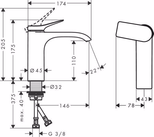 Technische Zeichnung 4065843 Hansgrohe Einhebel-Waschtischmischer 110 VIVENIS ohne Zugstangen-Ablaufgarnitur chrom