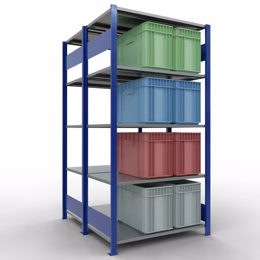 Grundregal, Doppelregal, Fachbodenregal Stecksystem MULTIplus150, 2000 x 1000 x (2x600) mm (HxBxT), 2x5 Fachböden, Längenriegel, RAL 5010 enzianblau aus der Kategorie Doppelregale mit der GTIN 4004514296160 Grundregal, Doppelregal, Fachbodenregal Stecksystem MULTIplus150, 2000 x 1000 x (2x600) mm (HxBxT), 2x5 Fachböden, Längenriegel, RAL 5010 enzianblau von der Marke Schulte Lagertechnik aus der Produktreihe Fachbodenregale