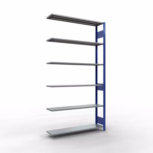 Anbauregal, Fachbodenregal Stecksystem MULTIplus150, 2500 x 1300 x 300 mm (HxBxT), 6 Fachböden, Längenriegel, RAL 5010 enzianblau/verzinkt von der Marke Schulte Lagertechnik aus der Produktreihe Stecksystem