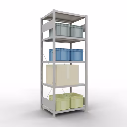 Produktbild Nr 14 des Artikels Grundregal, Fachbodenregal Stecksystem MULTIplus250, 2000 x 750 x 600 mm (HxBxT), 5 Fachböden, Kreuzstrebe, RAL 7035 lichtgrau Abbildung Nr 14 des Artikels Grundregal, Fachbodenregal Stecksystem MULTIplus250, 2000 x 750 x 600 mm (HxBxT), 5 Fachböden, Kreuzstrebe, RAL 7035 lichtgrau aus der Produktgruppe Stecksystem von der Marke Schulte Lagertechnik