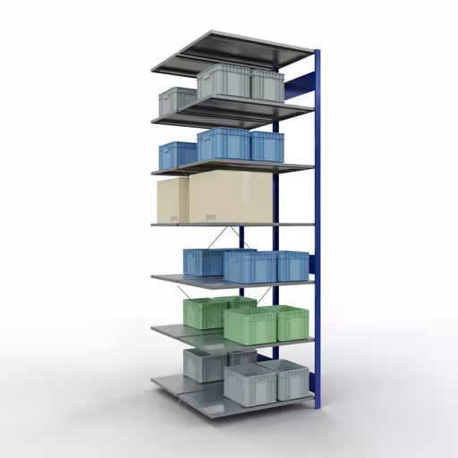 Anbauregal, Doppelregal, Fachbodenregal Stecksystem MULTIplus150, 3000 x 1000 x (2x1200) mm (HxBxT), 2x7 Fachböden, Kreuzstrebe, RAL 5010 enzianblau von Schulte Lagertechnik aus der Kategorie Fachbodenregale