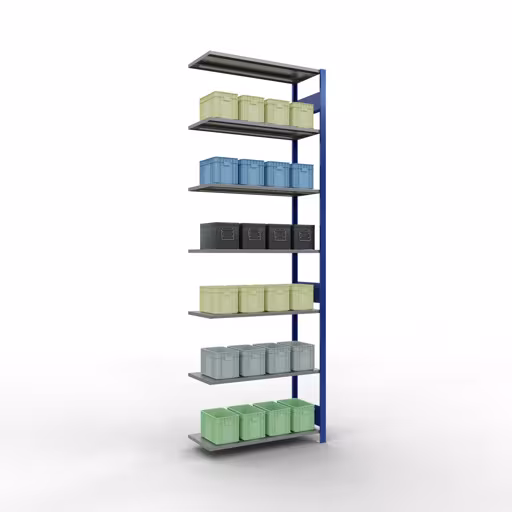 Andere Ansicht des Artikels Anbauregal, Fachbodenregal Stecksystem MULTIplus150, 3000 x 1000 x 400 mm (HxBxT), 7 Fachböden, Längenriegel, RAL 5010 enzianblau/verzinkt aus der Kategorie Anbauregal