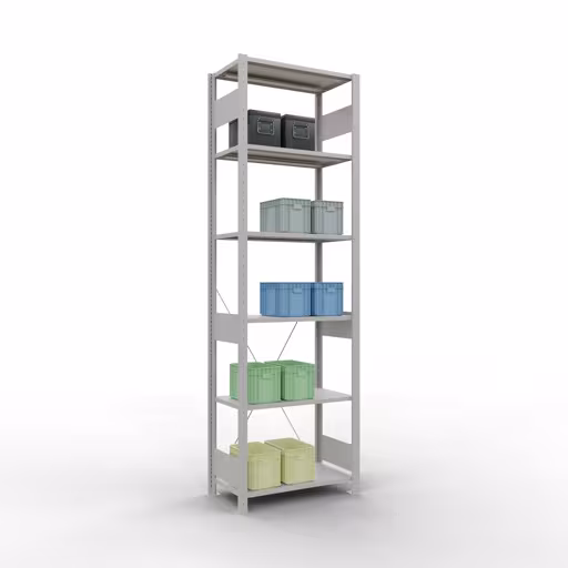 Grundregal, Fachbodenregal Stecksystem MULTIplus150, 2500 x 750 x 400 mm (HxBxT), 6 Fachböden, Kreuzstrebe, RAL 7035 lichtgrau aus der Kategorie Grundregal mit der GTIN 4004514205421 Grundregal, Fachbodenregal Stecksystem MULTIplus150, 2500 x 750 x 400 mm (HxBxT), 6 Fachböden, Kreuzstrebe, RAL 7035 lichtgrau von der Marke Schulte Lagertechnik aus der Produktreihe Stecksystem