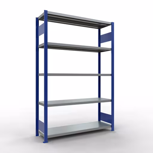 Grundregal, Fachbodenregal Stecksystem MULTIplus250, 2000 x 1300 x 400 mm (HxBxT), 5 Fachböden, Längenriegel, RAL 5010 enzianblau/verzinkt aus der Kategorie Grundregal mit der Artikelnummer 12940-130-LR-B