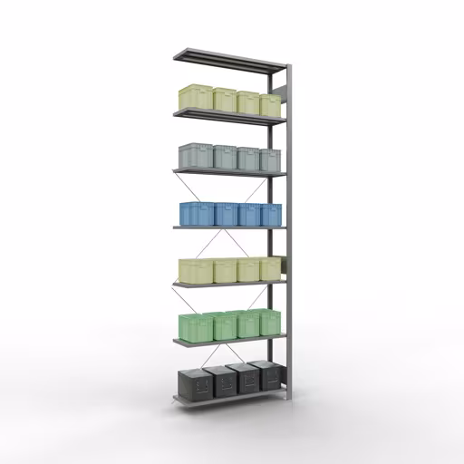 Abbildung Nr 7 des Artikels Anbauregal, Fachbodenregal Stecksystem MULTIplus150, 3000 x 1000 x 300 mm (HxBxT), 7 Fachböden, Kreuzstrebe, verzinkt aus der Produktgruppe Stecksystem von der Marke Schulte Lagertechnik